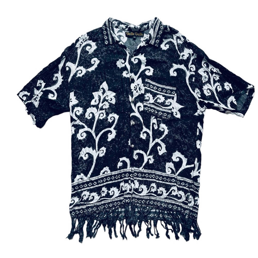 Vintage Baik Baik Hawaiian Rayon Beaded Fringe Button Shirt Women’s XL